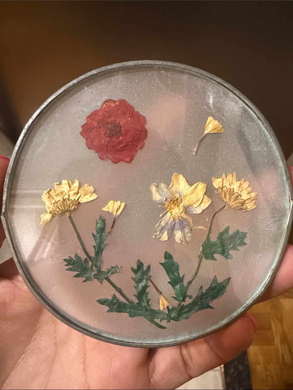 Vintage Pressed Flower Glass Coaster with Yellow and Red Blooms